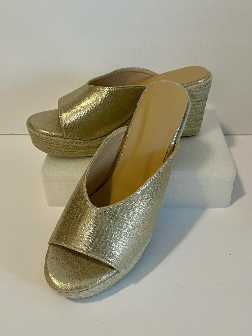 Light Gold Metallic Wedge Espadrille Sandals